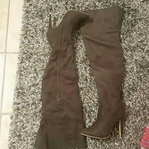 Charcoal grey over the knee faux suede heel boots